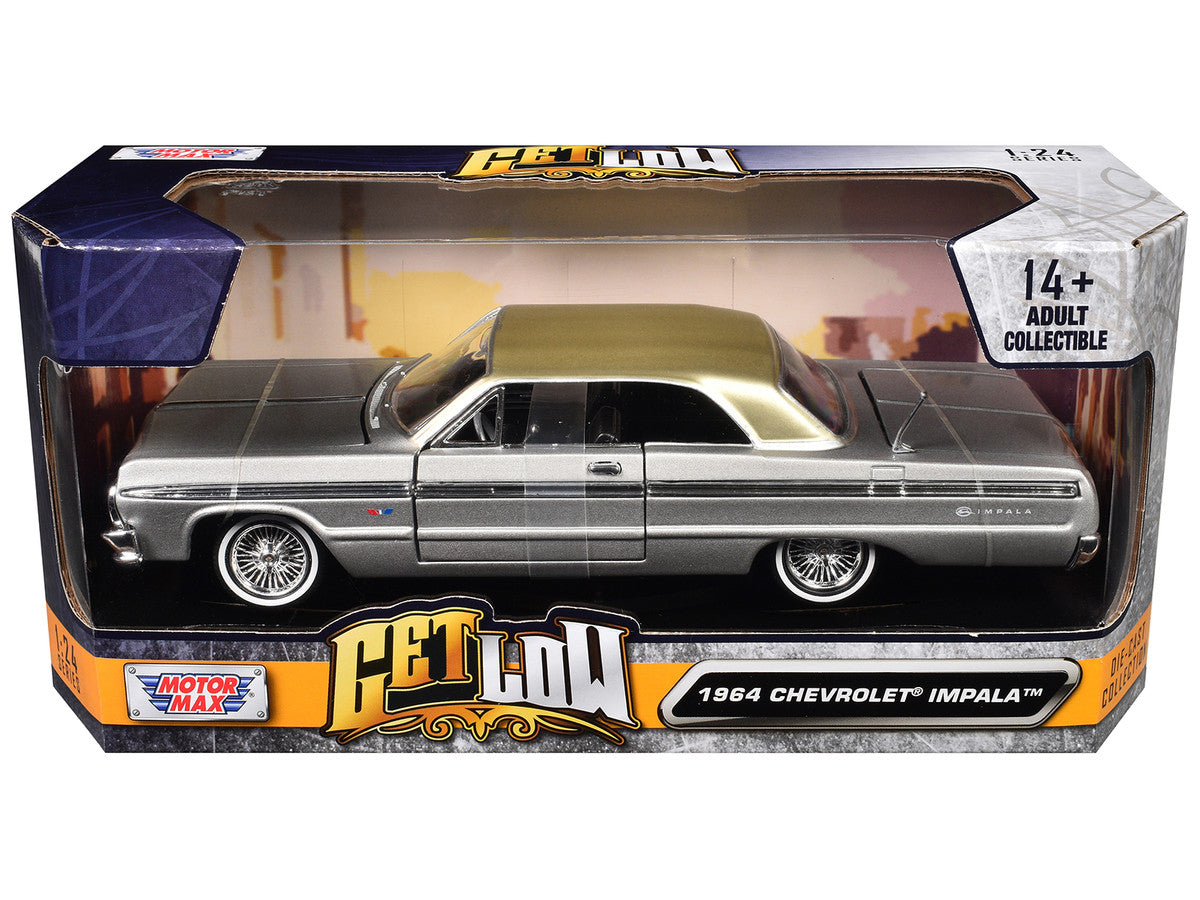 1964 Chevrolet Impala Lowrider Hard Top Silver Metallic with Gold Metallic Top "Get Low" Series 1/24 Diecast Model Car by Motormax